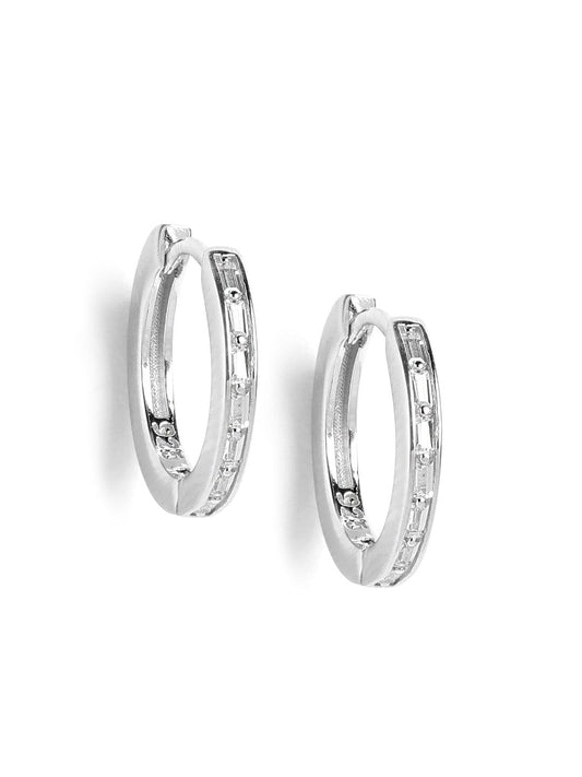 Baguette Cut Circle Huggie Earrings (Pure Silver) - Silver