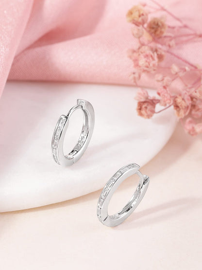 Baguette Cut Circle Huggie Earrings (Pure Silver) - Silver