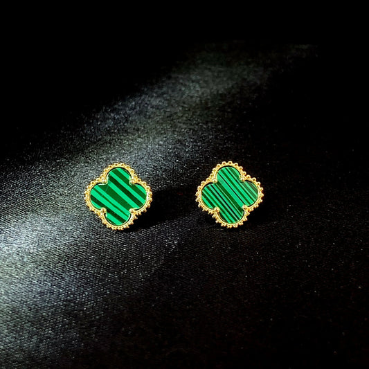 Malachite Green Clover Stud Earrings Gold