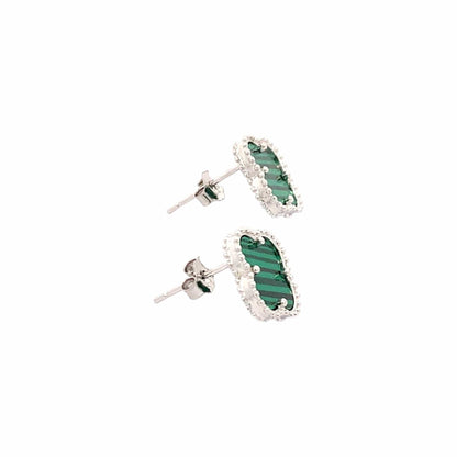 Malachite Green Clover Stud Earrings (Pure Silver) - Silver