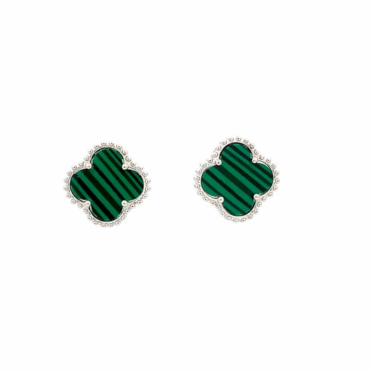Malachite Green Clover Stud Earrings (Pure Silver) - Silver