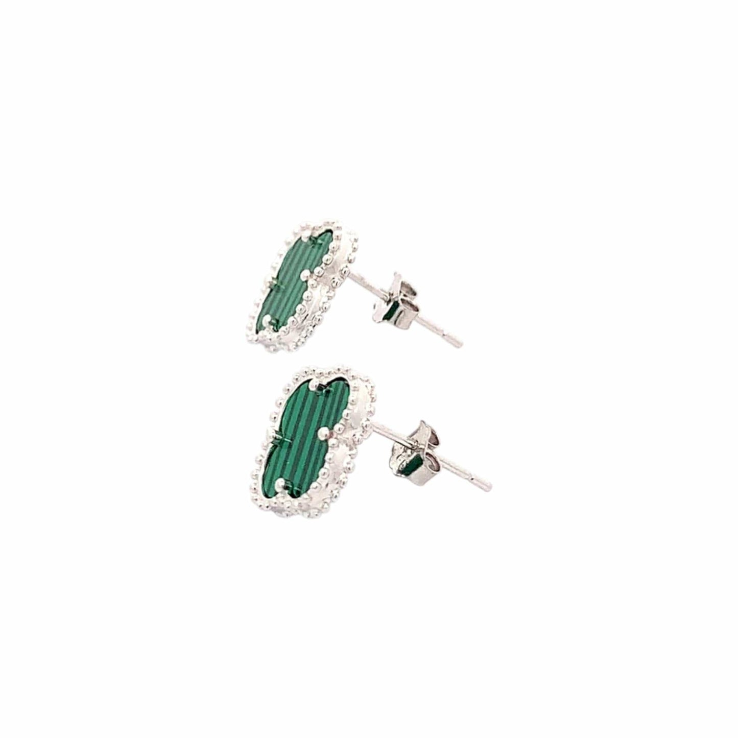 Malachite Green Clover Stud Earrings (Pure Silver) - Silver
