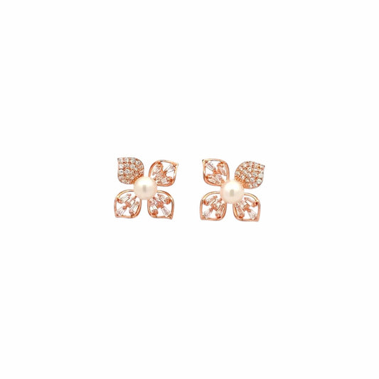 Elegant Pearl Bloom Stud Earrings (Pure Silver) - Rose Gold