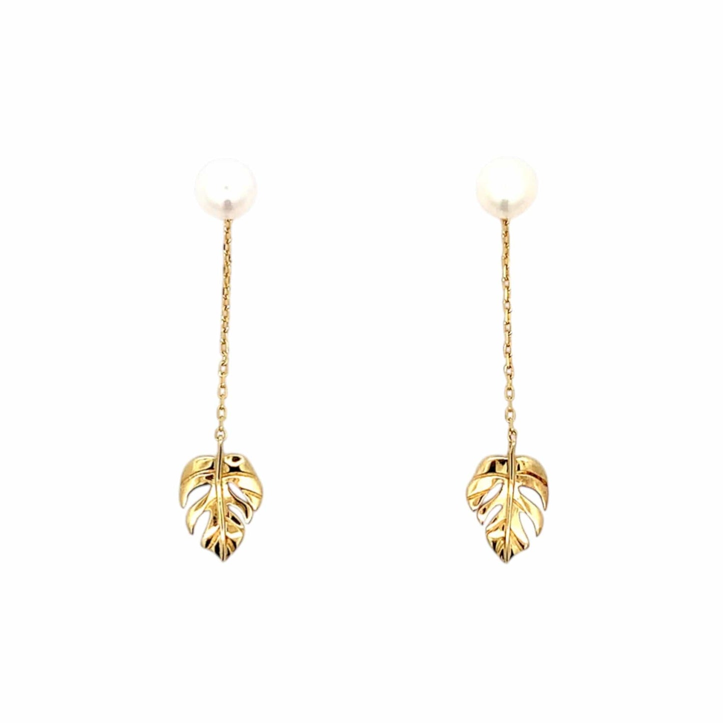 Monstera Pearl Drop Earrings (Pure Silver) - Gold