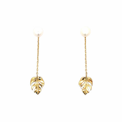 Monstera Pearl Drop Earrings (Pure Silver) - Gold