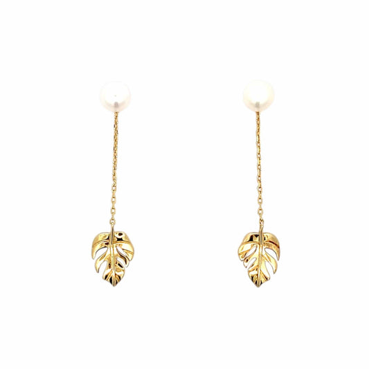 Monstera Pearl Drop Earrings (Pure Silver) - Gold