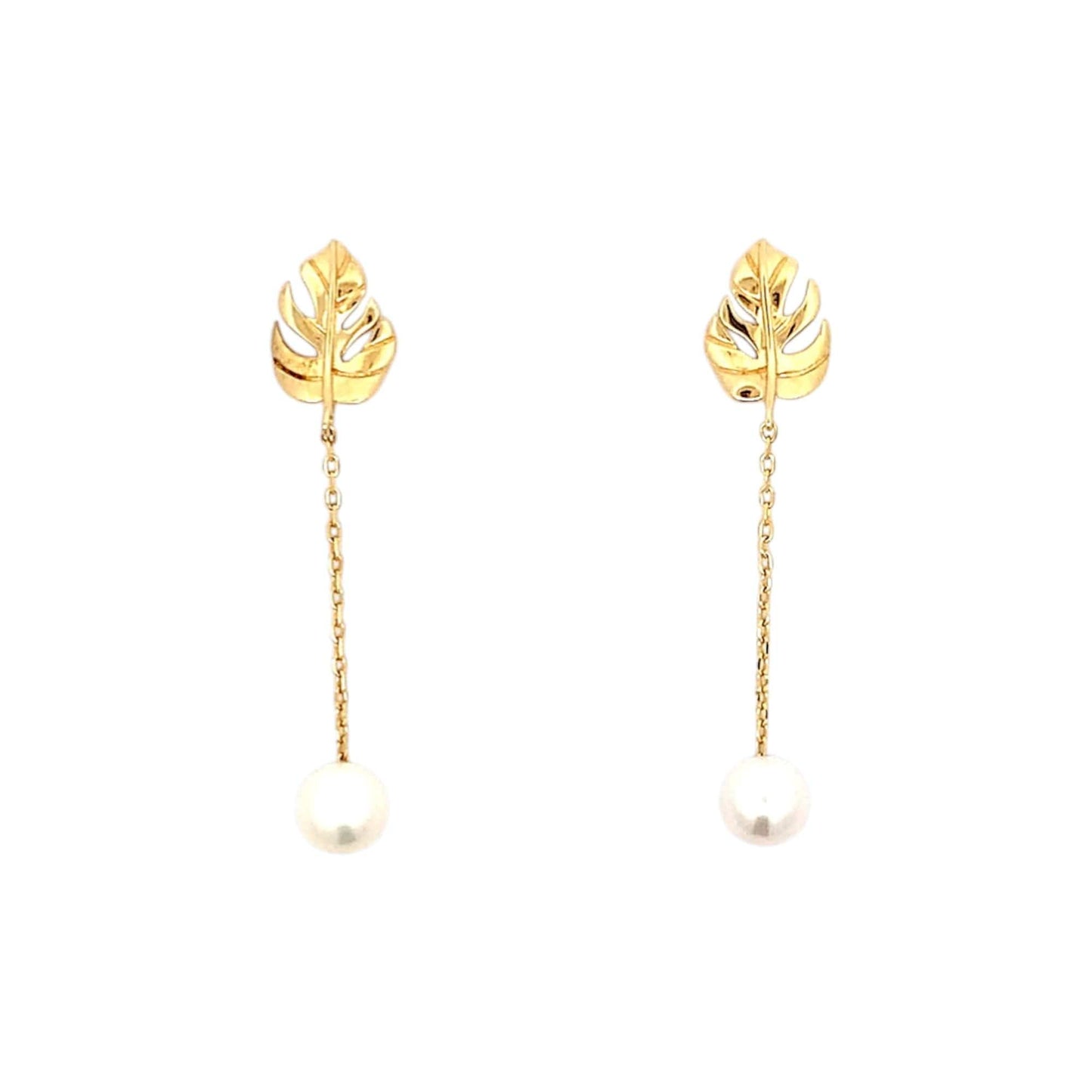 Monstera Pearl Drop Earrings (Pure Silver) - Gold