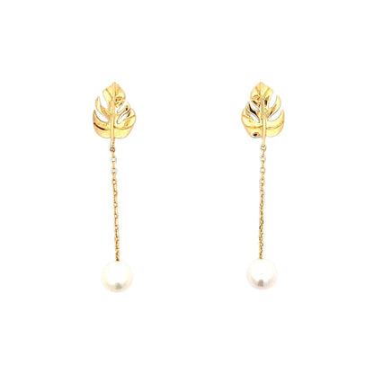 Monstera Pearl Drop Earrings (Pure Silver) - Gold