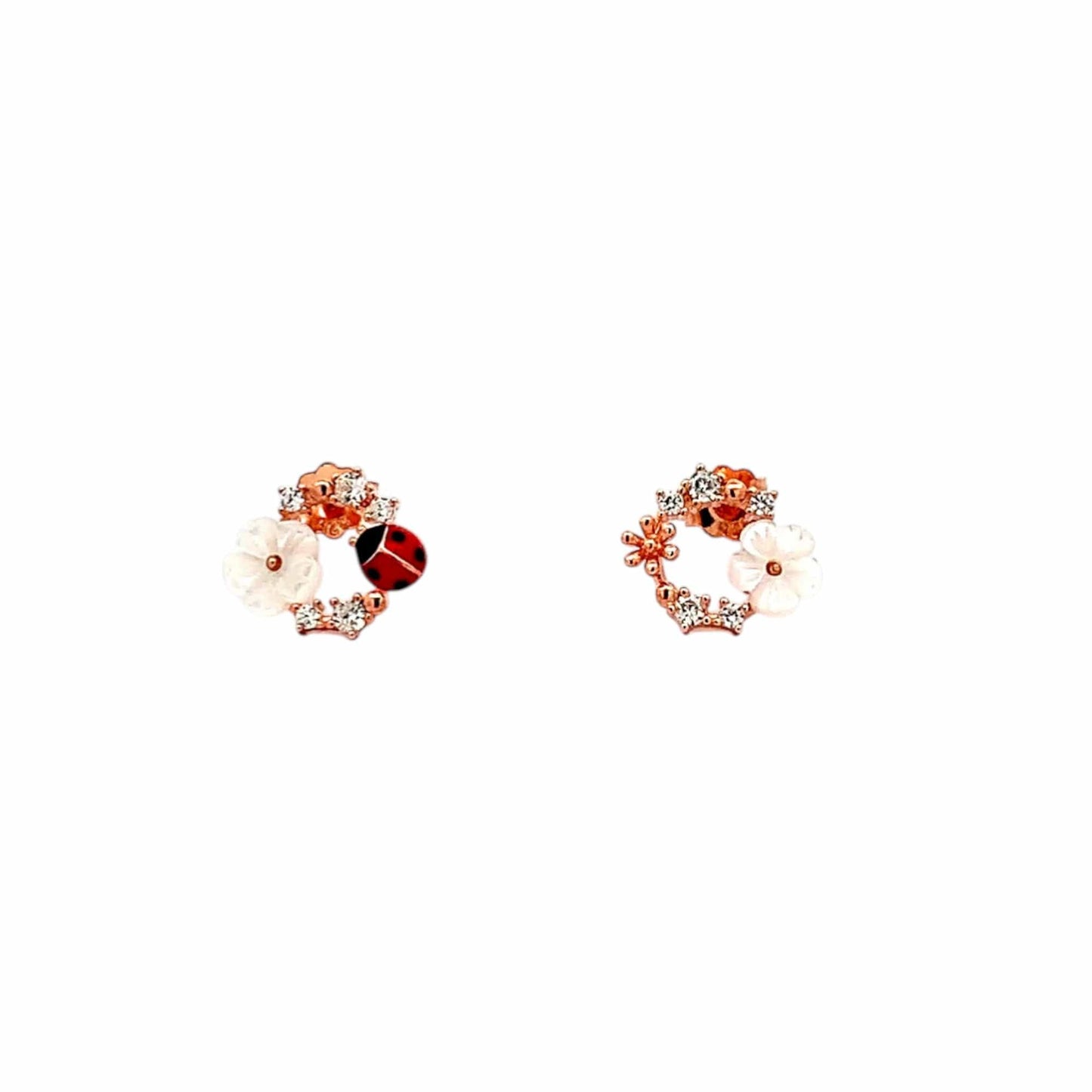 White Flower Ladybug Circle Stud Earrings (Pure Silver) - Rose Gold