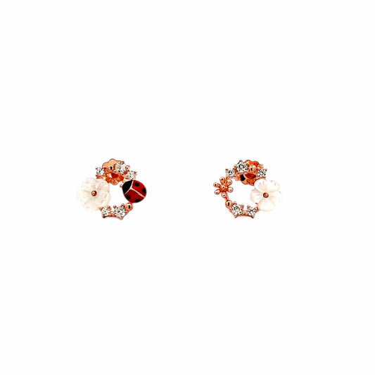 White Flower Ladybug Circle Stud Earrings (Pure Silver) - Rose Gold