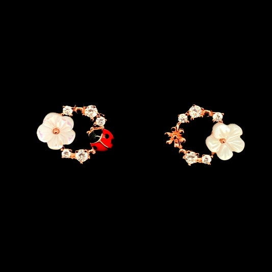 White Flower Ladybug Circle Stud Earrings Rose Gold