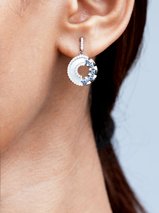 Blue & White Circular Drop Earrings Silver