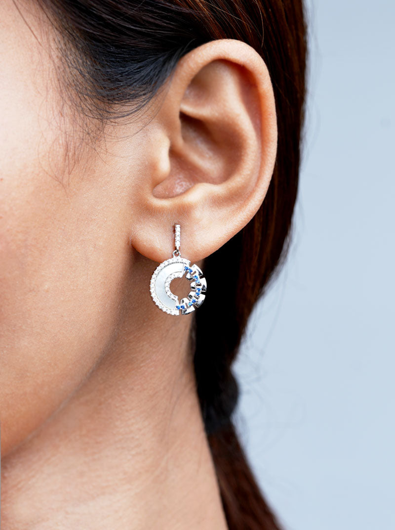 Blue & White Circular Drop Earrings