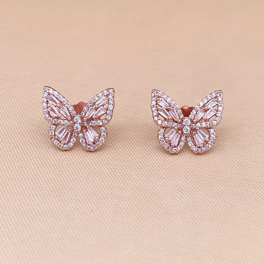 Baguette Butterfly Stud Earrings (Pure Silver) - Rose Gold