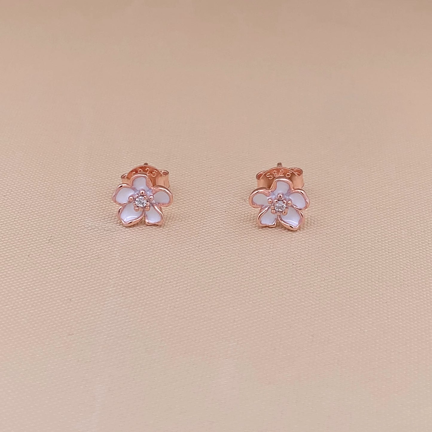 White Petal Stud Earrings Rose Gold