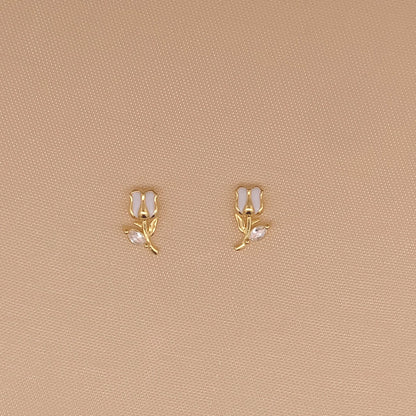 White Tulip Stud Earrings Gold