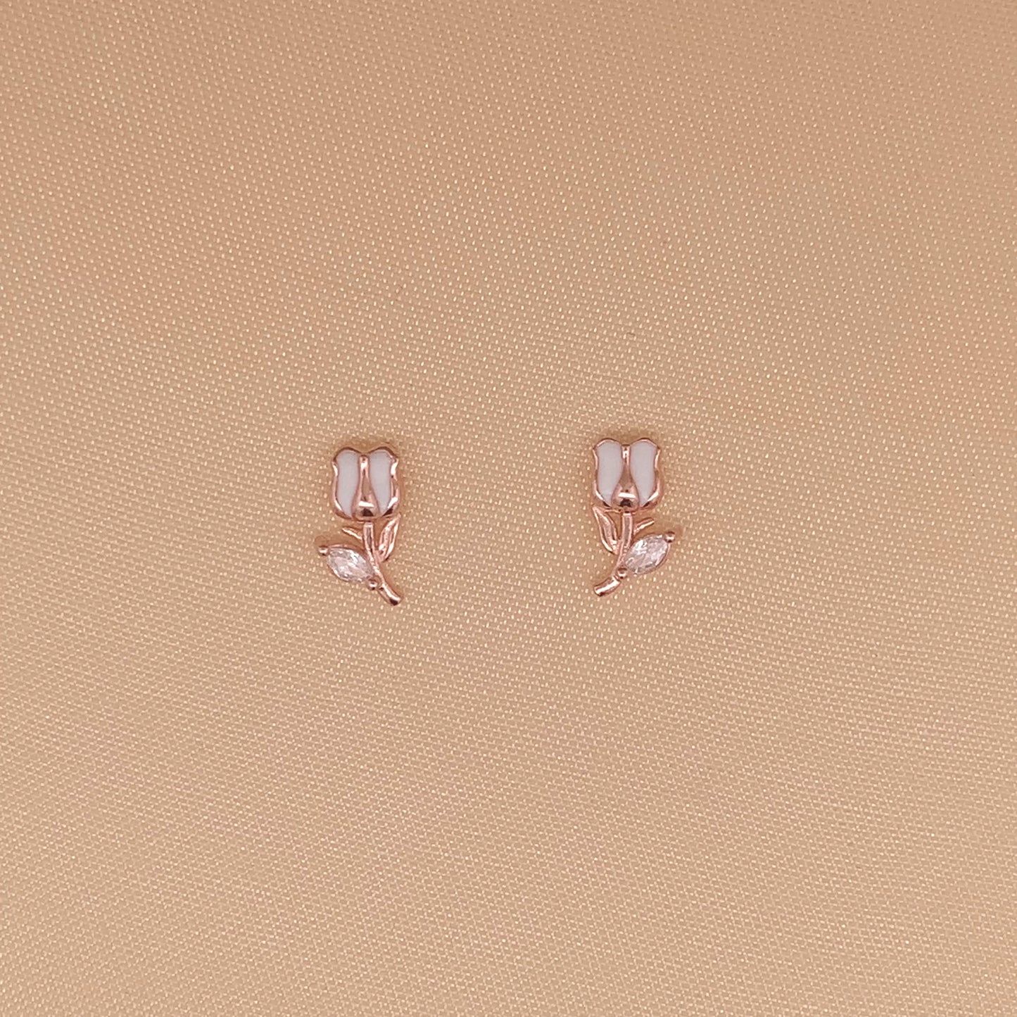 White Tulip Stud Earrings Rose Gold