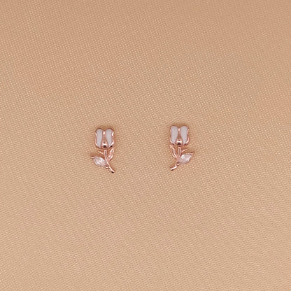 White Tulip Stud Earrings Rose Gold