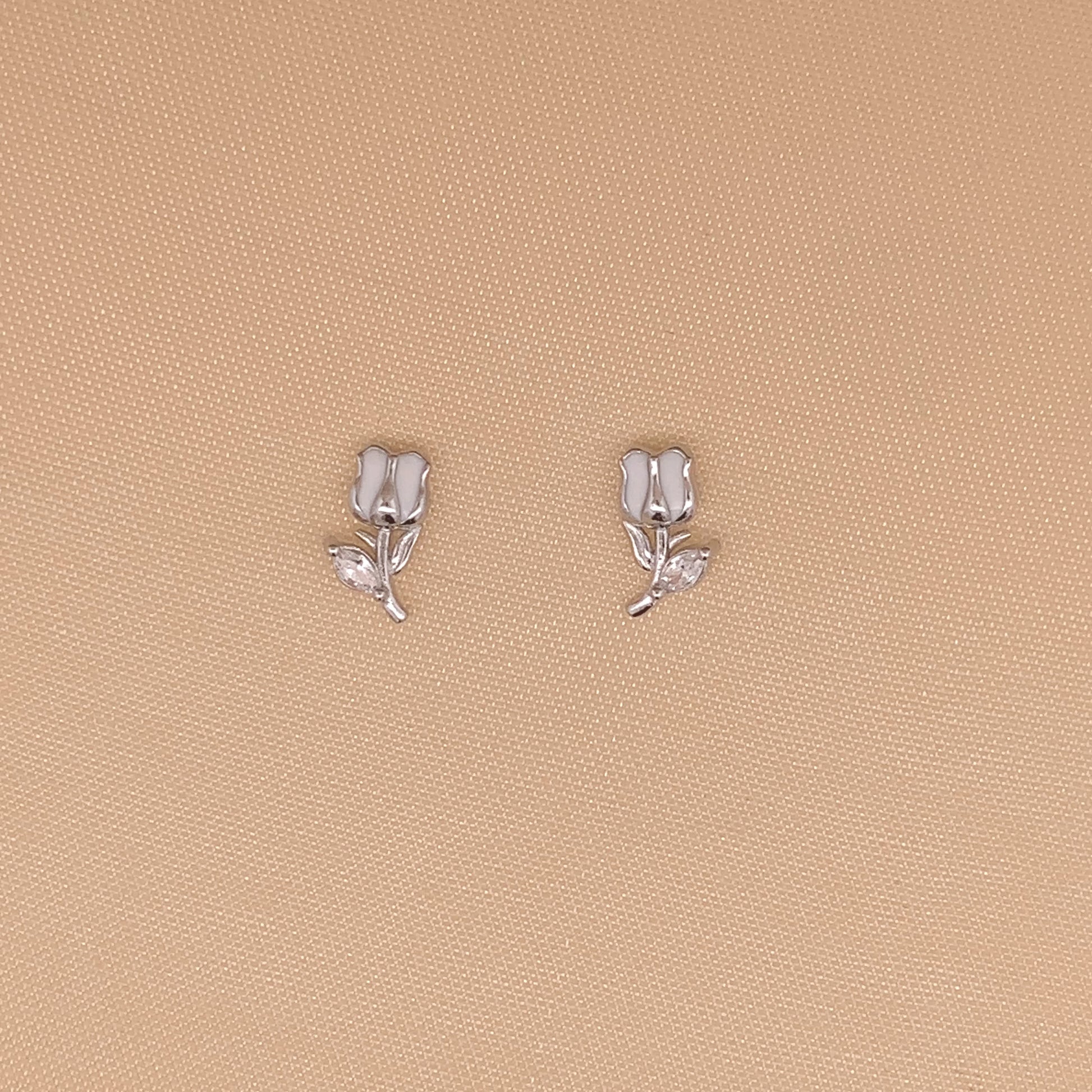 White Tulip Stud Earrings Silver