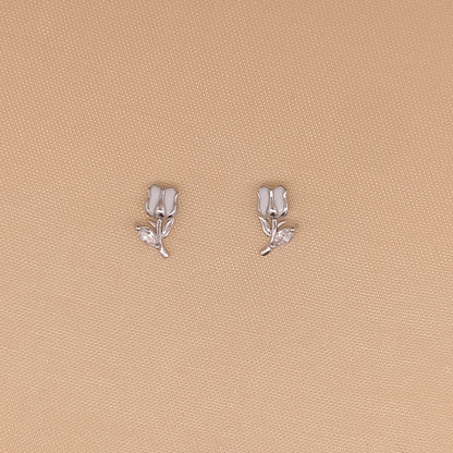 White Tulip Stud Earrings Silver