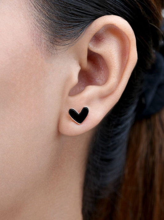 Black Heart Stud Earrings (Pure Silver) - Rose Gold