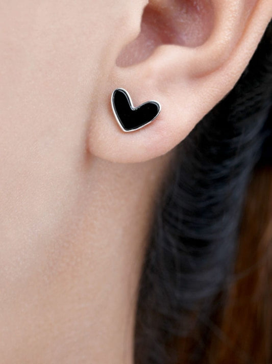 Black Heart Stud Earrings (Pure Silver) - Silver