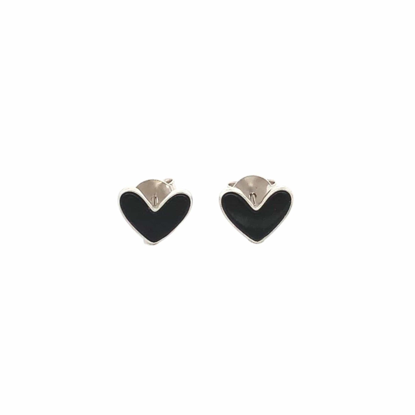 Black Heart Stud Earrings (Pure Silver) - Silver
