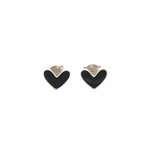 Black Heart Stud Earrings (Pure Silver) - Silver