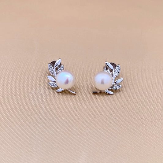 Leafy Pearl Stud Earrings Silver