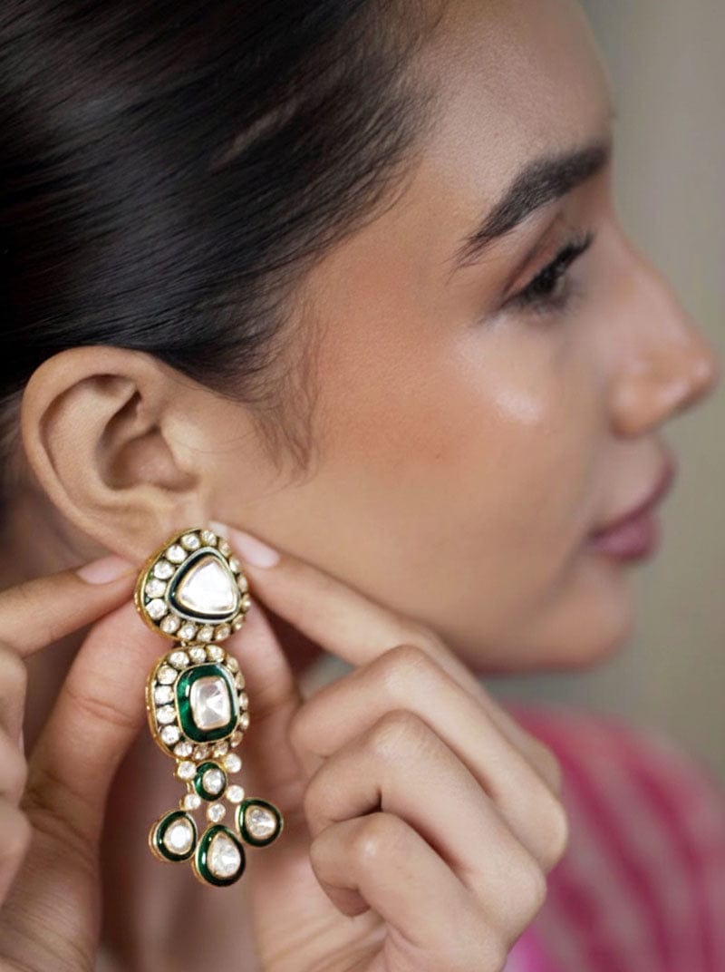 Raj Kumari Earrings (Pure Silver) - Green