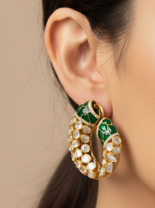 Gajmukhi Polki Earrings (Pure Silver) - Green