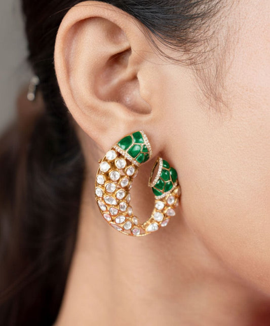 Gajmukhi Polki Earrings (Pure Silver) - Green