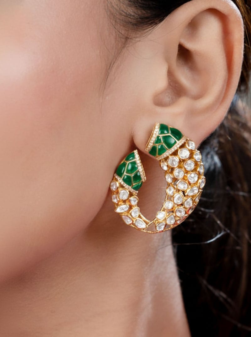 Gajmukhi Polki Earrings (Pure Silver) - Green