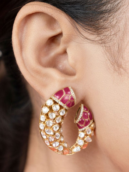 Gajmukhi Polki Earrings (Pure Silver) - Pink