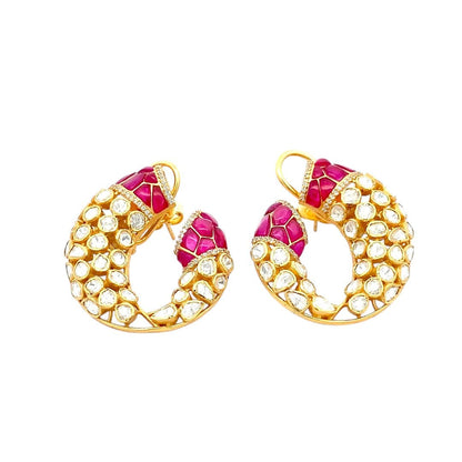 Gajmukhi Polki Earrings (Pure Silver) - Pink