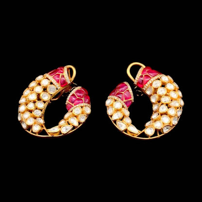 Gajmukhi Polki Earrings (Pure Silver) - Pink