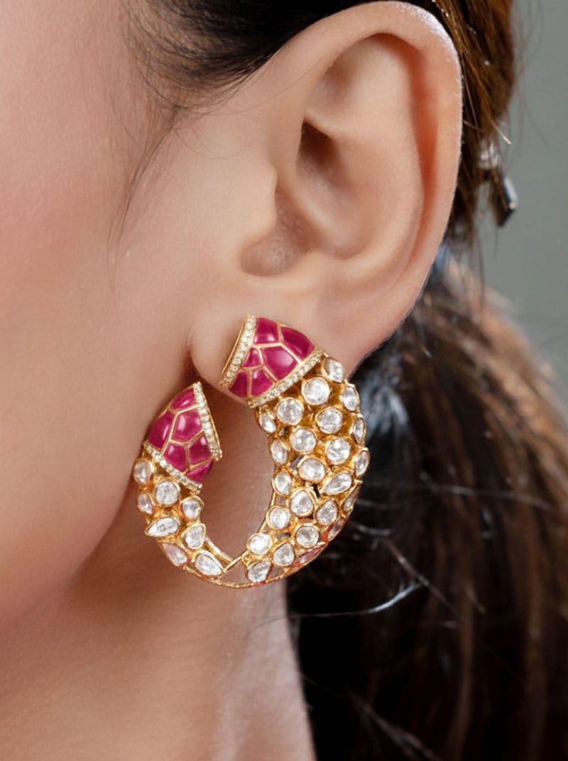 Gajmukhi Polki Earrings (Pure Silver) - Pink