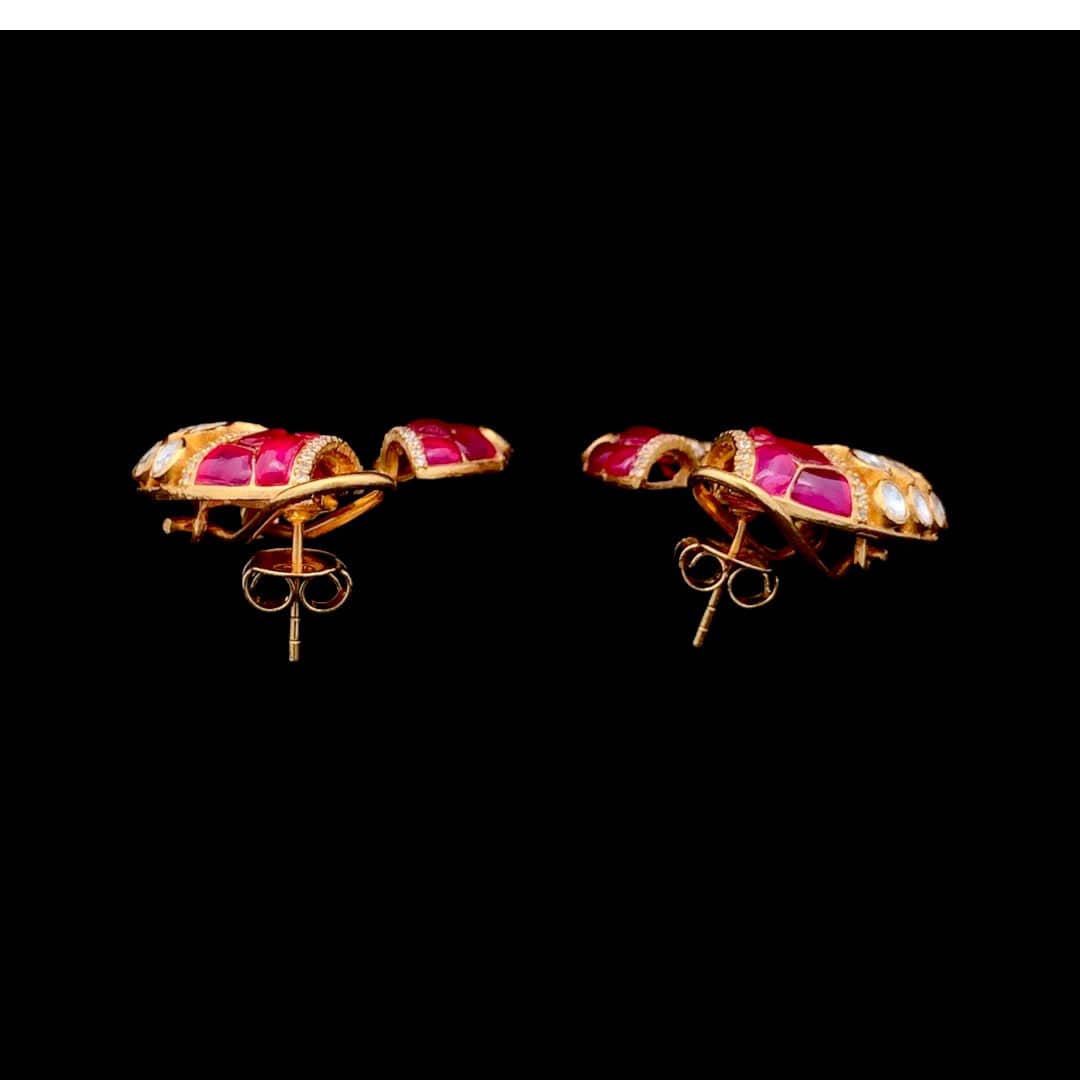 Gajmukhi Polki Earrings (Pure Silver) - Pink