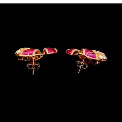 Gajmukhi Polki Earrings (Pure Silver) - Pink