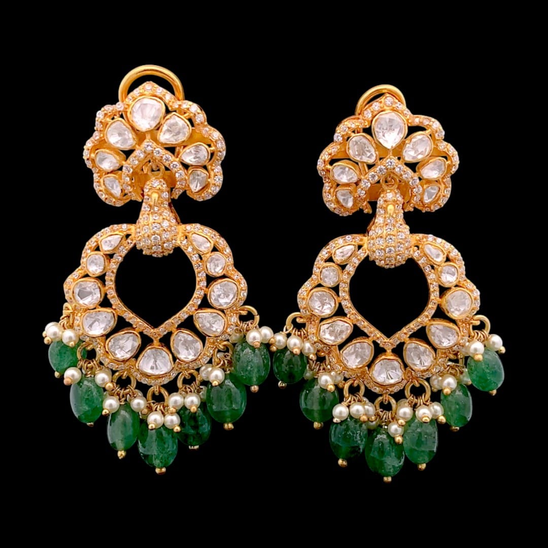RoopRani Earrings (Pure Silver) - Green