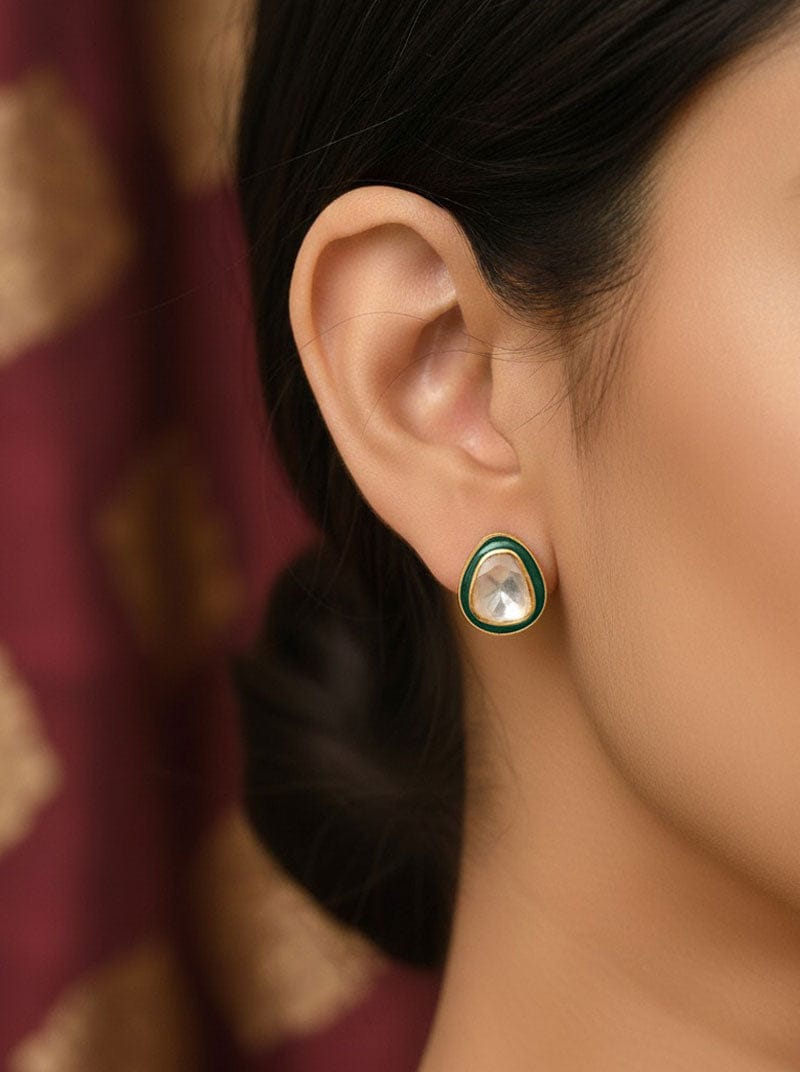 Rajwada Polki Earrings (Pure Silver) - Green