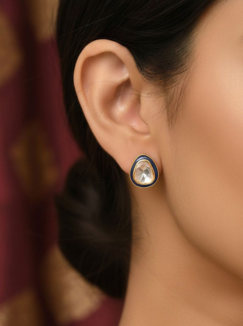 Rajwada Polki Earrings (Pure Silver) - Navy Blue