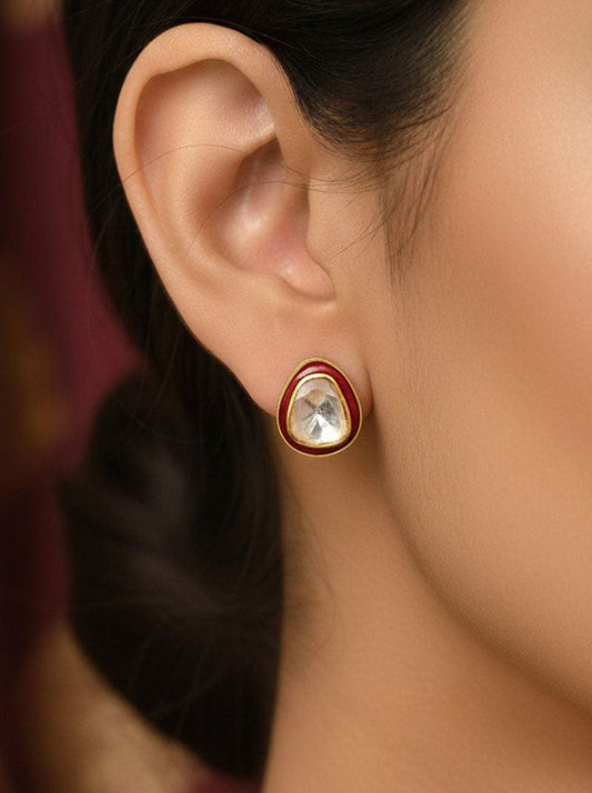 Rajwada Polki Earrings (Pure Silver) - Red