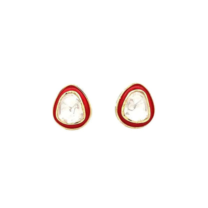 Rajwada Polki Earrings (Pure Silver) - Red
