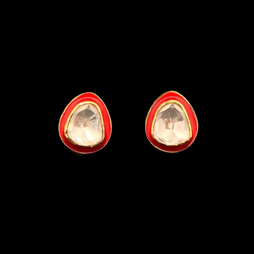 Rajwada Polki Earrings (Pure Silver) - Red