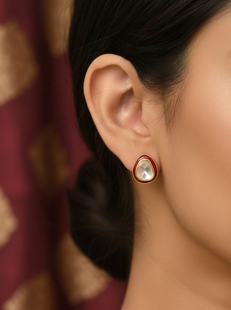 Rajwada Polki Earrings (Pure Silver) - Red