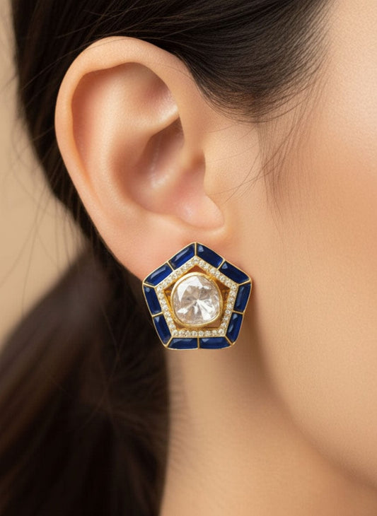 Panchkona Polki Earrings (Pure Silver) - Blue