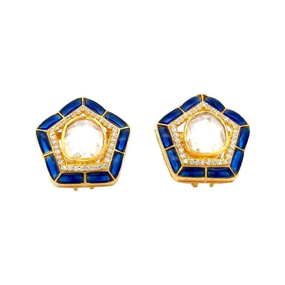 Panchkona Polki Earrings (Pure Silver) - Blue