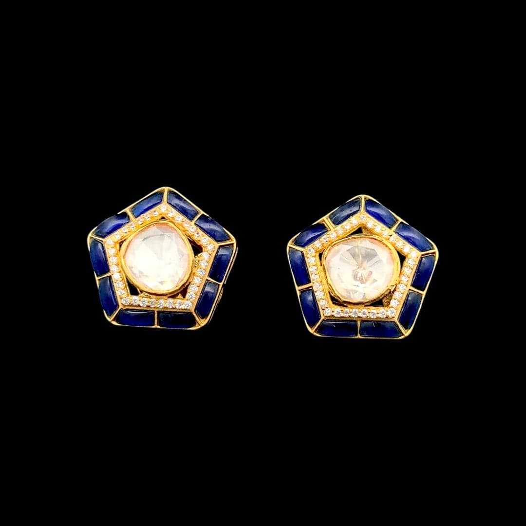 Panchkona Polki Earrings (Pure Silver) - Blue