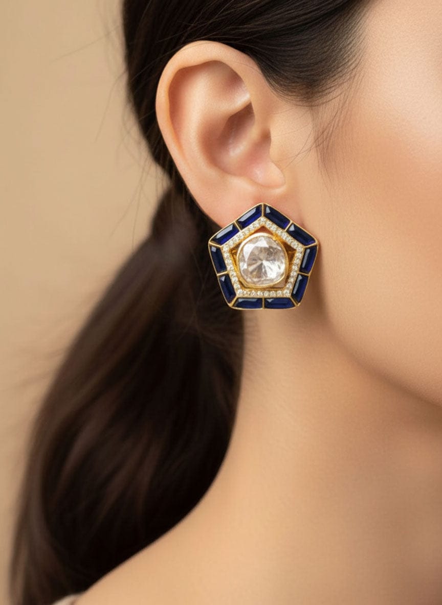 Panchkona Polki Earrings (Pure Silver) - Blue